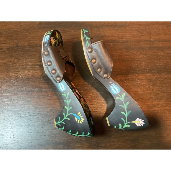 Mystique Wedge Sandals Floral Painted Brown Leather Adjustable‎ Buckle Size 9 - Picture 8 of 12